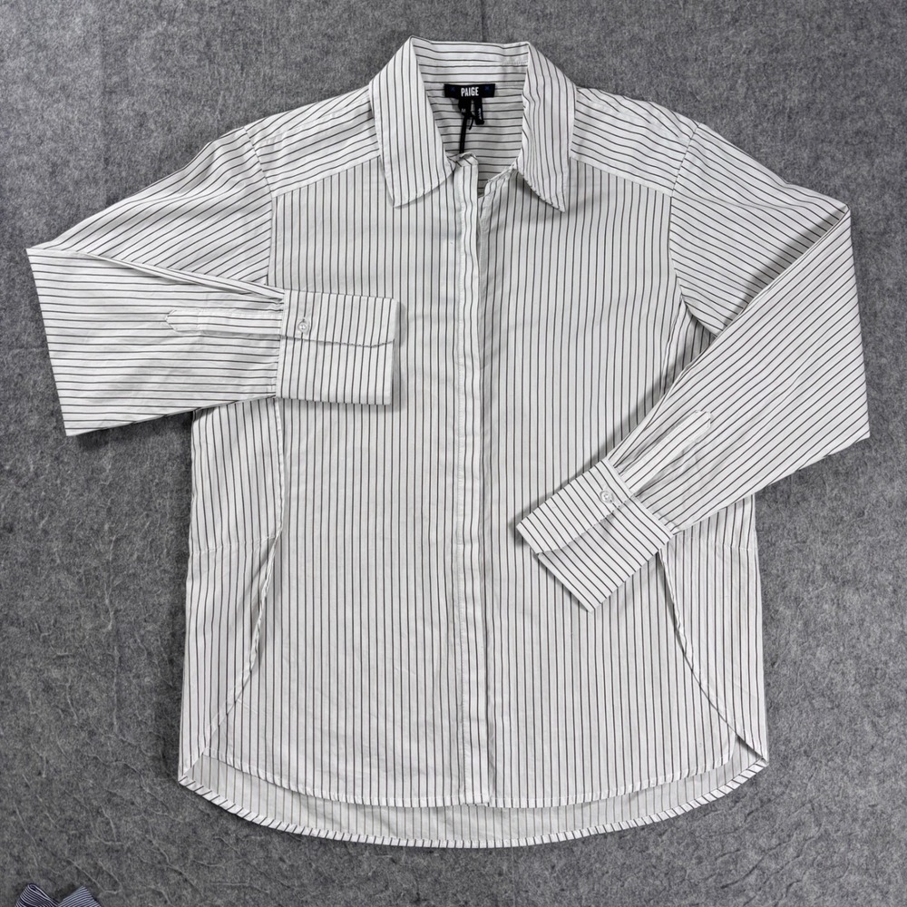 Paige Clemence Women's White Army Green Striped Button Down Shirt 5624M0 NEW